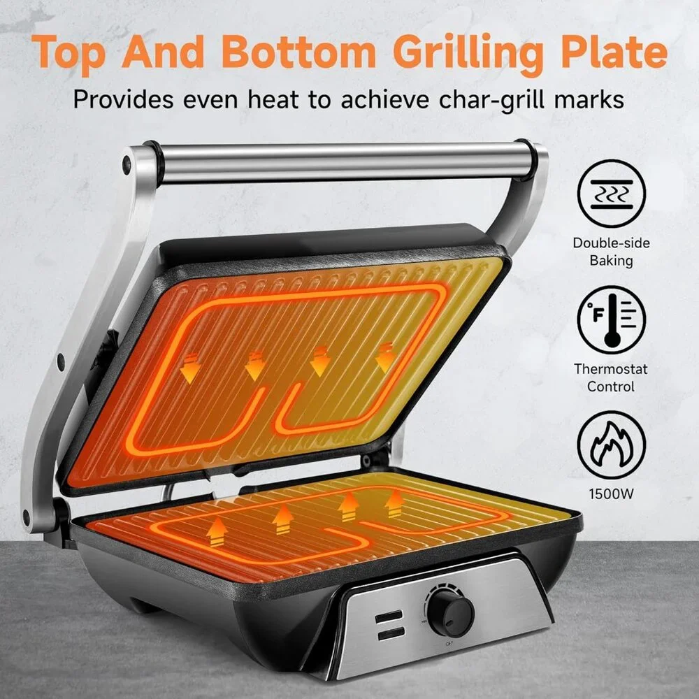 SUSTEAS Electric Panini Grill Non-Stick Plates 180° Open Floating Hinge SL-107A